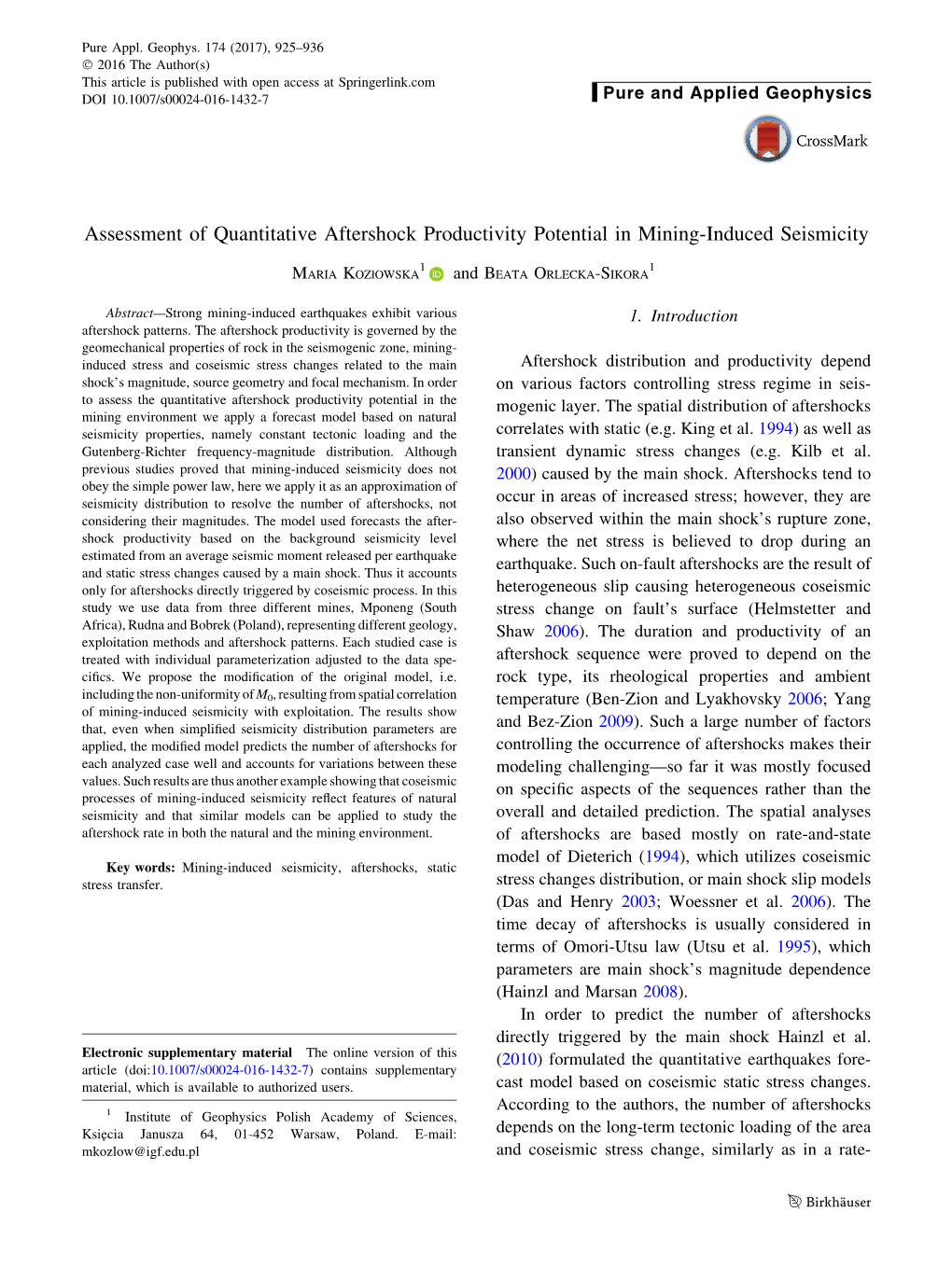 Assessment of Quantitative Aftershock Productivity Potential in Mining-Induced Seismicity