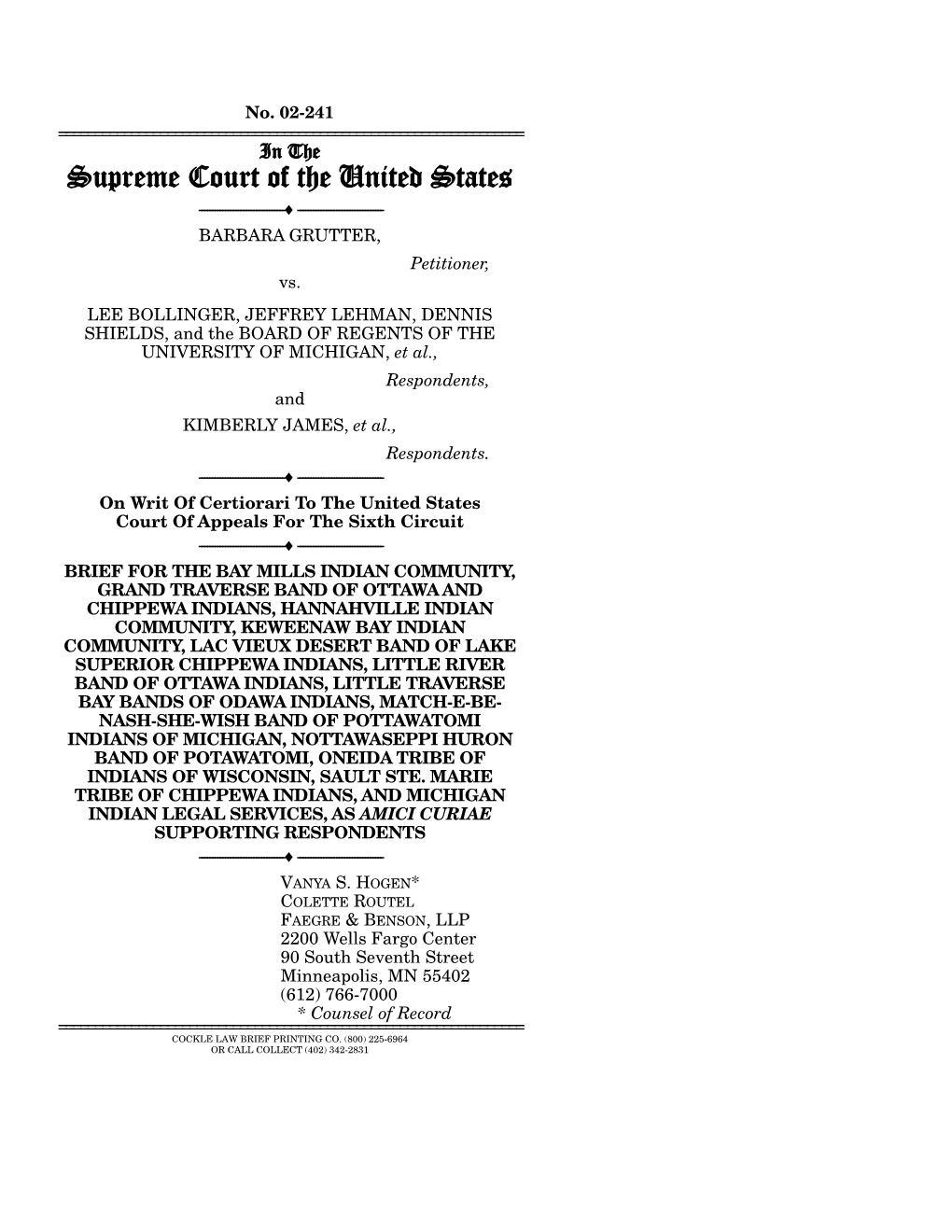 Supreme Court of the United States ------♦ ------BARBARA GRUTTER, Petitioner, Vs