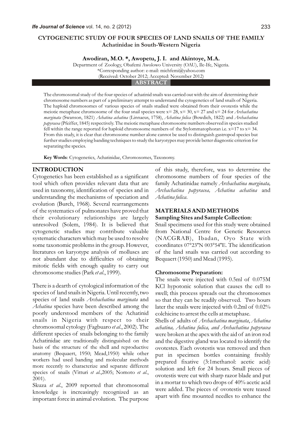 CYTOGENETIC STUDY of FOUR SPECIES of LAND SNAILS of the FAMILY Achatinidae in South-Western Nigeria