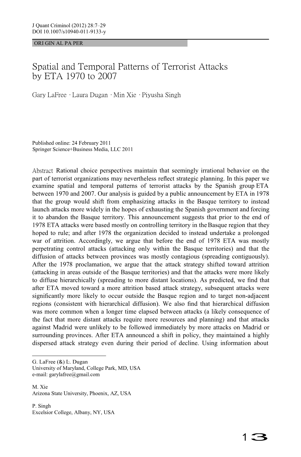 Spatial and Temporal Patterns of Terrorist Attacks by ETA 1970 to 2007