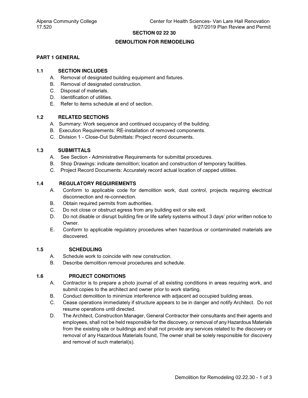 Van Lare Hall Renovation 17.520 9/27/2019 Plan Review and Permit SECTION 02 22 30 DEMOLITION for REMODELING