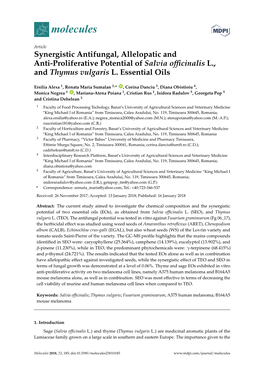 Synergistic Antifungal, Allelopatic and Anti-Proliferative Potential of Salvia Officinalis L., and Thymus Vulgaris L. Essential