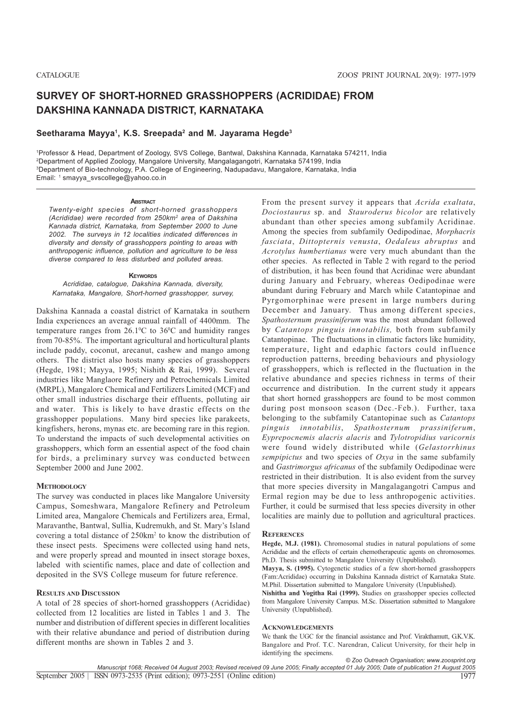 Survey of Short-Horned Grasshoppers (Acrididae) from Dakshina Kannada District, Karnataka