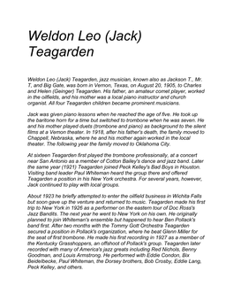 (Jack) Teagarden, Jazz Musician, Known Also As Jackson T., Mr