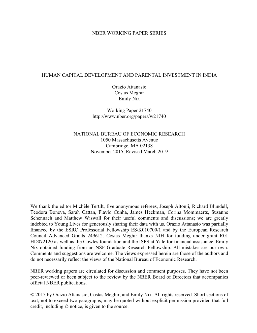 Nber Working Paper Series Human Capital Development