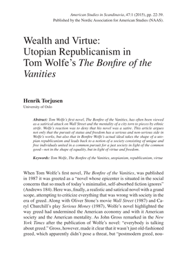 Utopian Republicanism in Tom Wolfe's the Bonfire of the Vanities