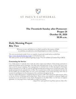 The Twentieth Sunday After Pentecost: Proper 24 October 18, 2020 10:30 A.M