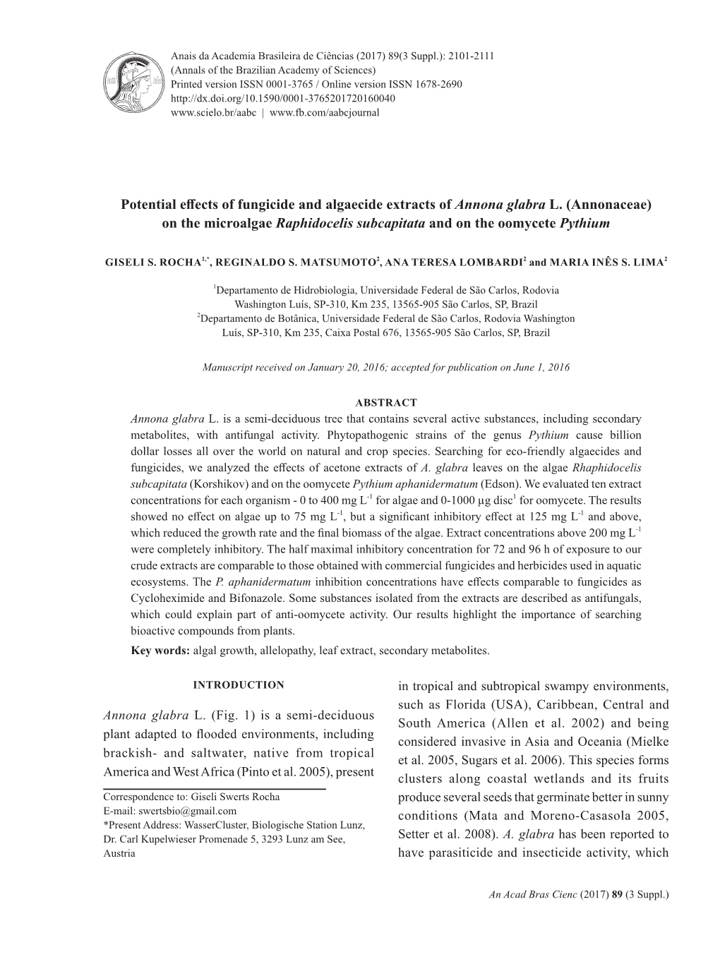 Potential Effects of Fungicide and Algaecide Extracts Ofannona Glabra L