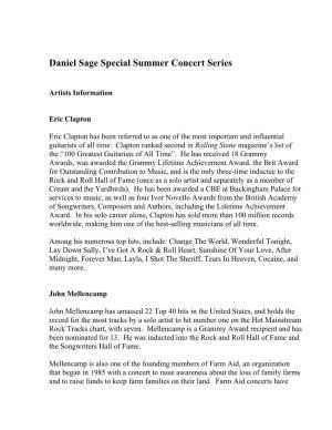Daniel Sage Special Summer Concert Series
