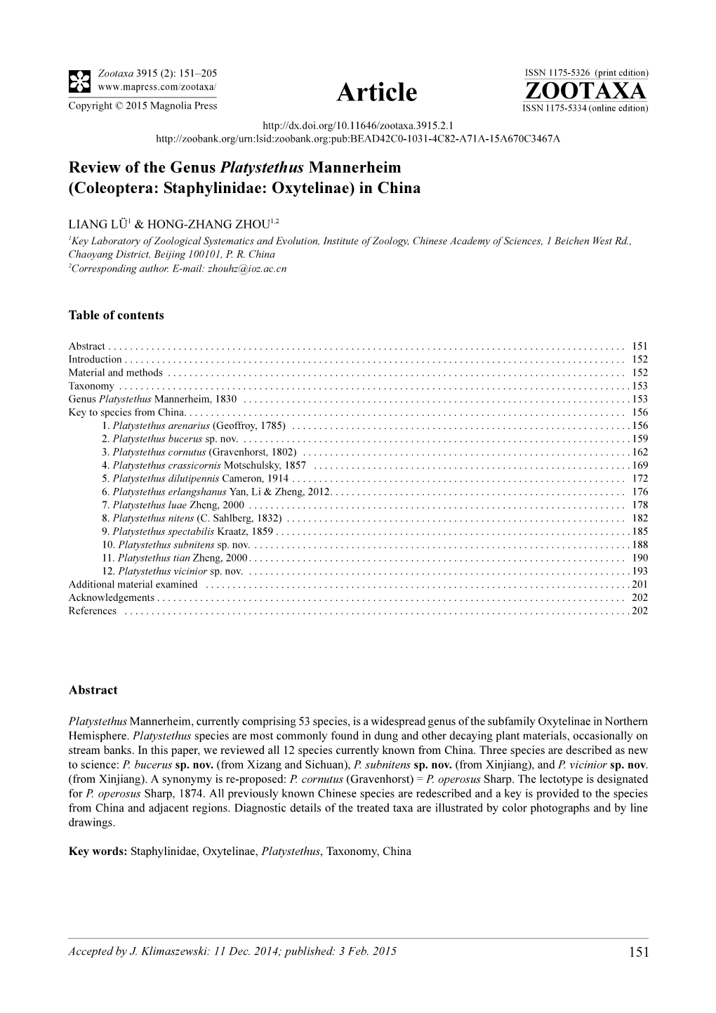 Review of the Genus Platystethus Mannerheim (Coleoptera: Staphylinidae: Oxytelinae) in China