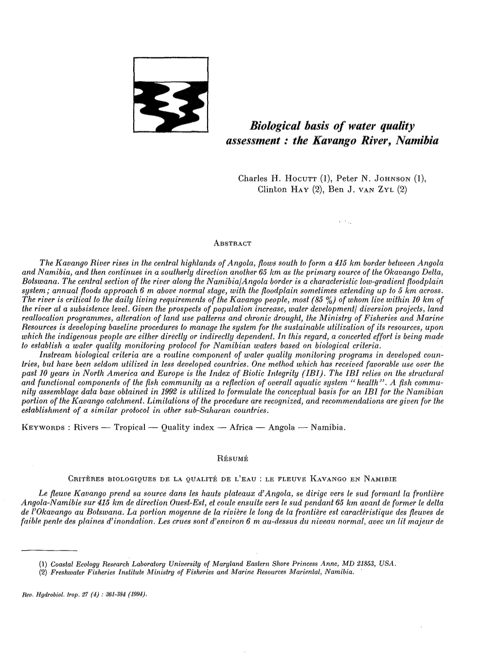 Biological Basis of Water Quality Assessment : the Kavango River, Namibia