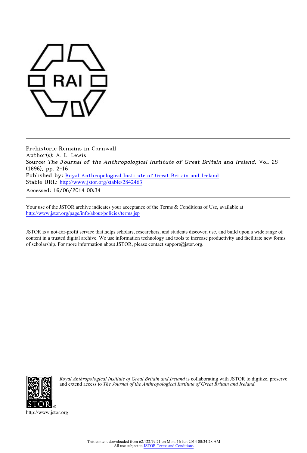 Prehistoric Remains in Cornwall Author(S): A