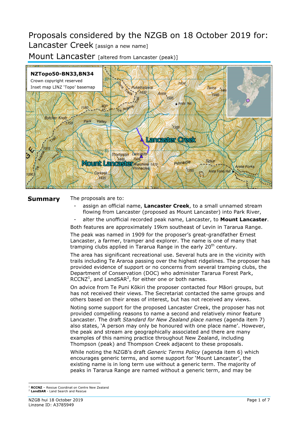 Proposals Considered by the NZGB on 18 October 2019 For: Lancaster Creek [Assign a New Name]