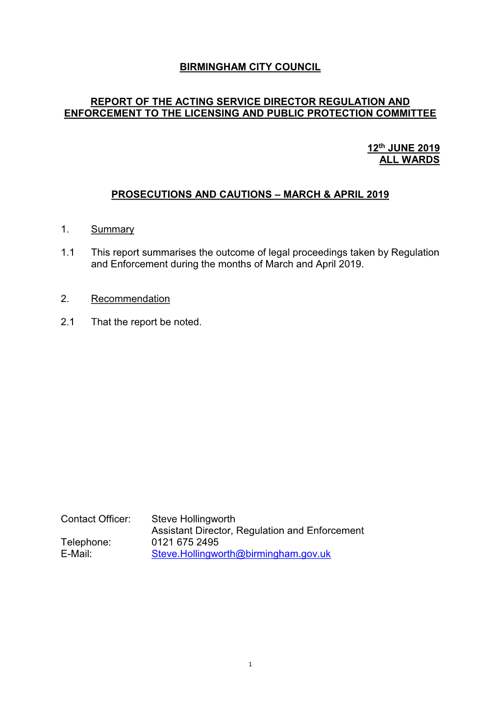 Birmingham City Council Report of the Acting