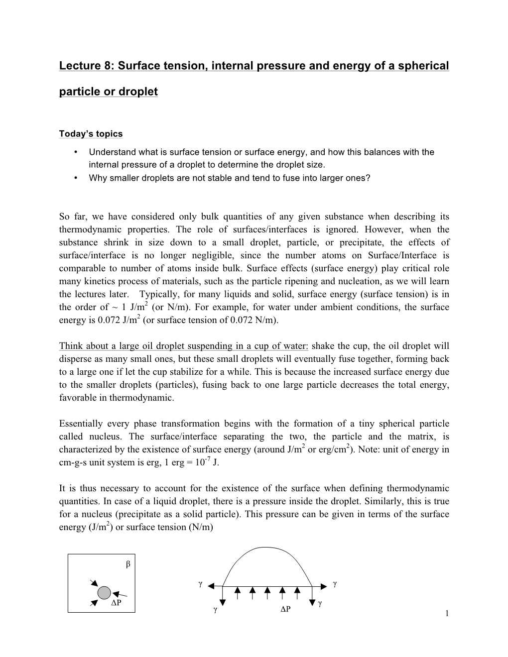 Lecture 8: Surface Tension, Internal Pressure and Energy of a Spherical Particle Or Droplet