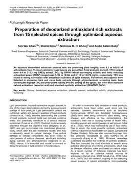 Preparation of Deodorized Antioxidant Rich Extracts from 15 Selected Spices Through Optimized Aqueous Extraction