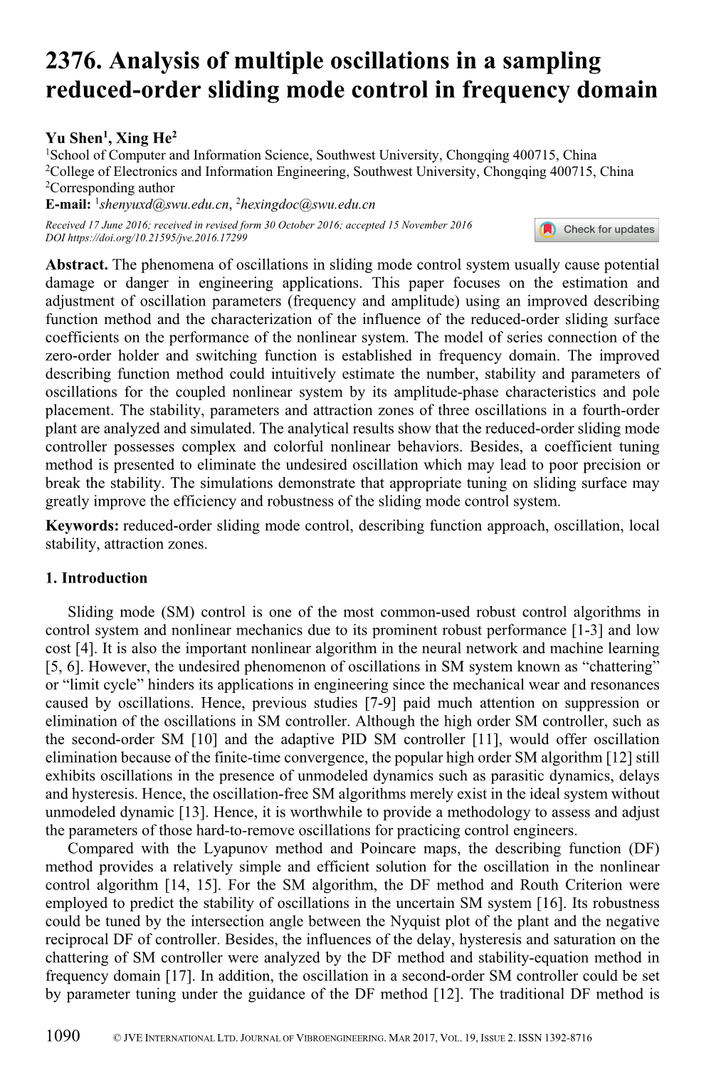 2376. Analysis of Multiple Oscillations in a Sampling Reduced-Order Sliding Mode Control in Frequency Domain