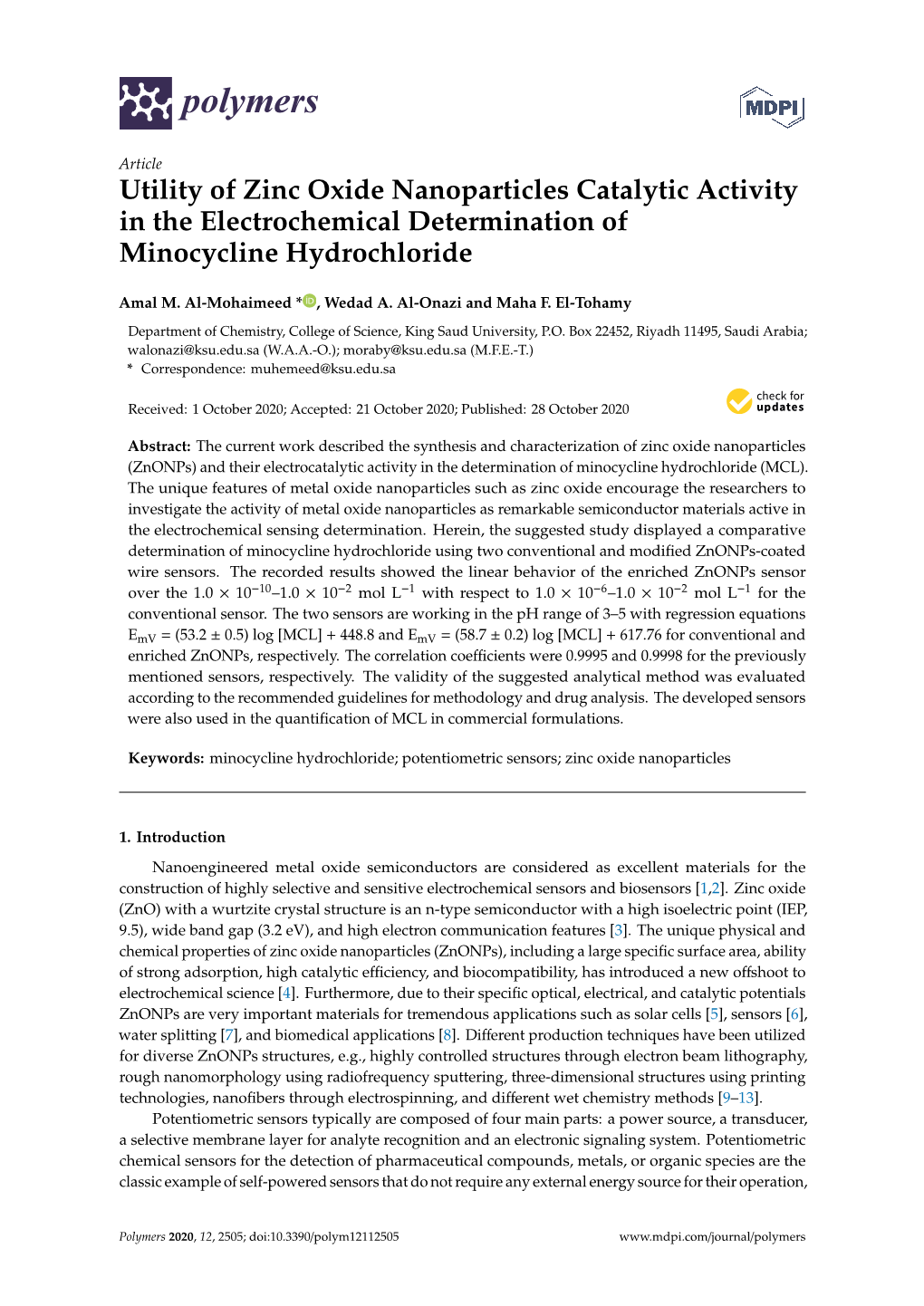 Utility of Zinc Oxide Nanoparticles Catalytic Activity in the Electrochemical Determination of Minocycline Hydrochloride