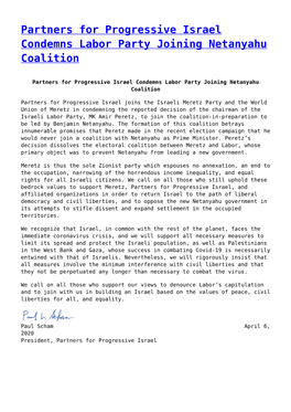 Partners for Progressive Israel Condemns Labor Party Joining Netanyahu Coalition