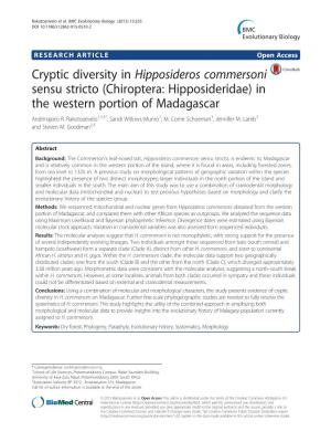 Cryptic Diversity in Hipposideros Commersoni Sensu Stricto (Chiroptera: Hipposideridae) in the Western Portion of Madagascar Andrinajoro R