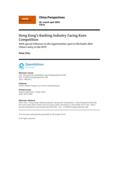 China Perspectives, 46 | March-April 2003 Hong Kong’S Banking Industry Facing Keen Competition 2