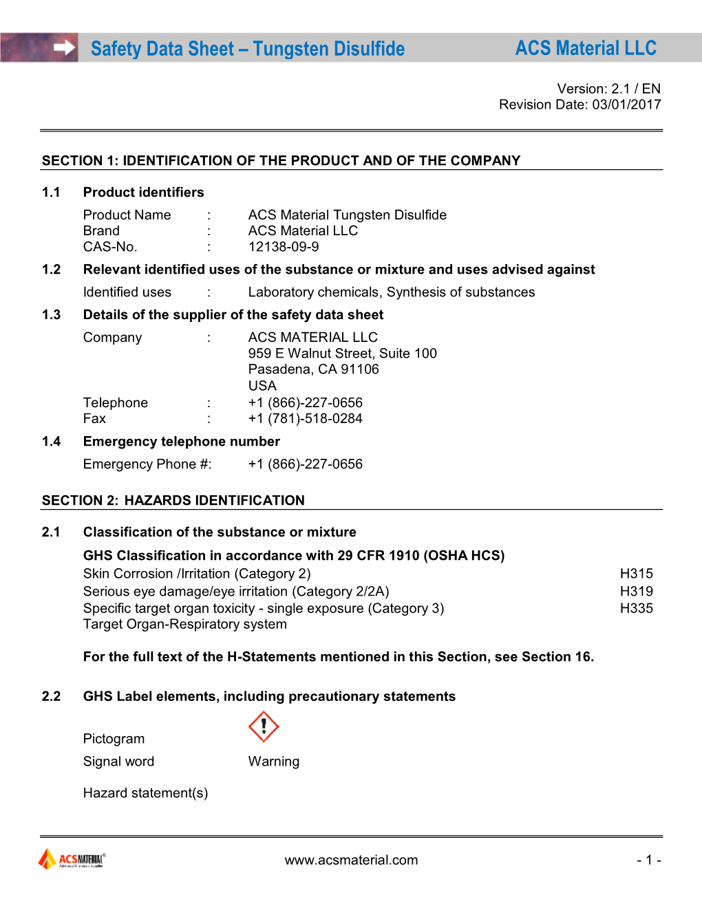 Safety Data Sheet – Tungsten Disulfide ACS Material LLC