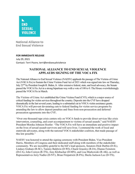 National Alliance to End Sexual Violence Applauds Signing of the Voca Fix