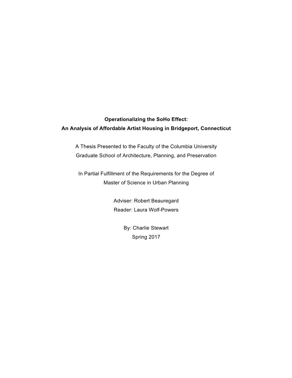 Operationalizing the Soho Effect: an Analysis of Affordable Artist Housing in Bridgeport, Connecticut