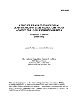 A Time Series and Cross-Sectional Classification of State Regulatory Policy Adopted for Local Exchange Carriers