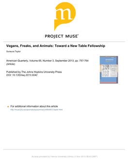 Vegans, Freaks, and Animals: Toward a New Table Fellowship
