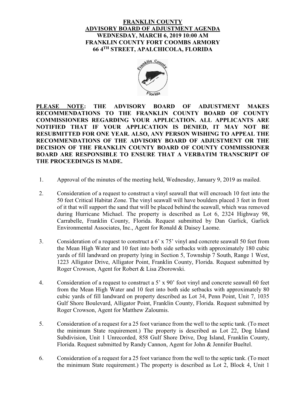 Board of Adjustment Agenda Wednesday, March 6, 2019 10:00 Am Franklin County Fort Coombs Armory 66 4Th Street, Apalchicola, Florida