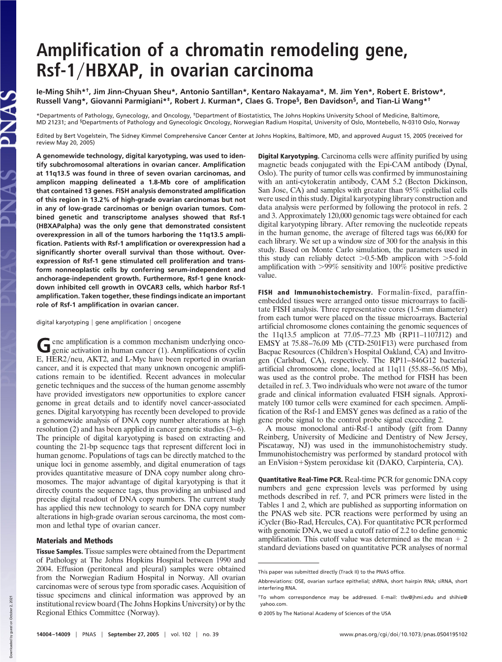 Amplification of a Chromatin Remodeling Gene, Rsf-1 HBXAP, In