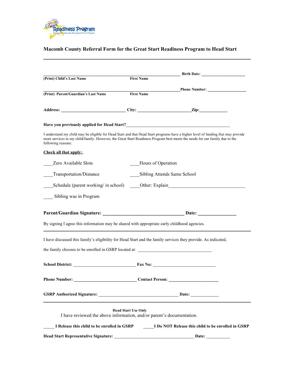 Referral Form for the Great Start Readiness Program to Head Start