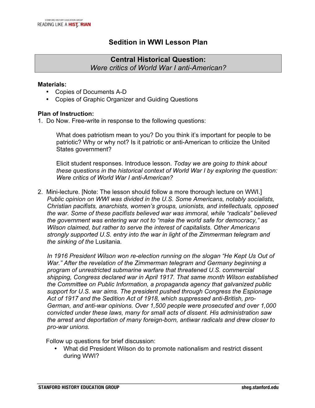 Sedition in WWI Lesson Plan Central Historical Question: Were Critics Of