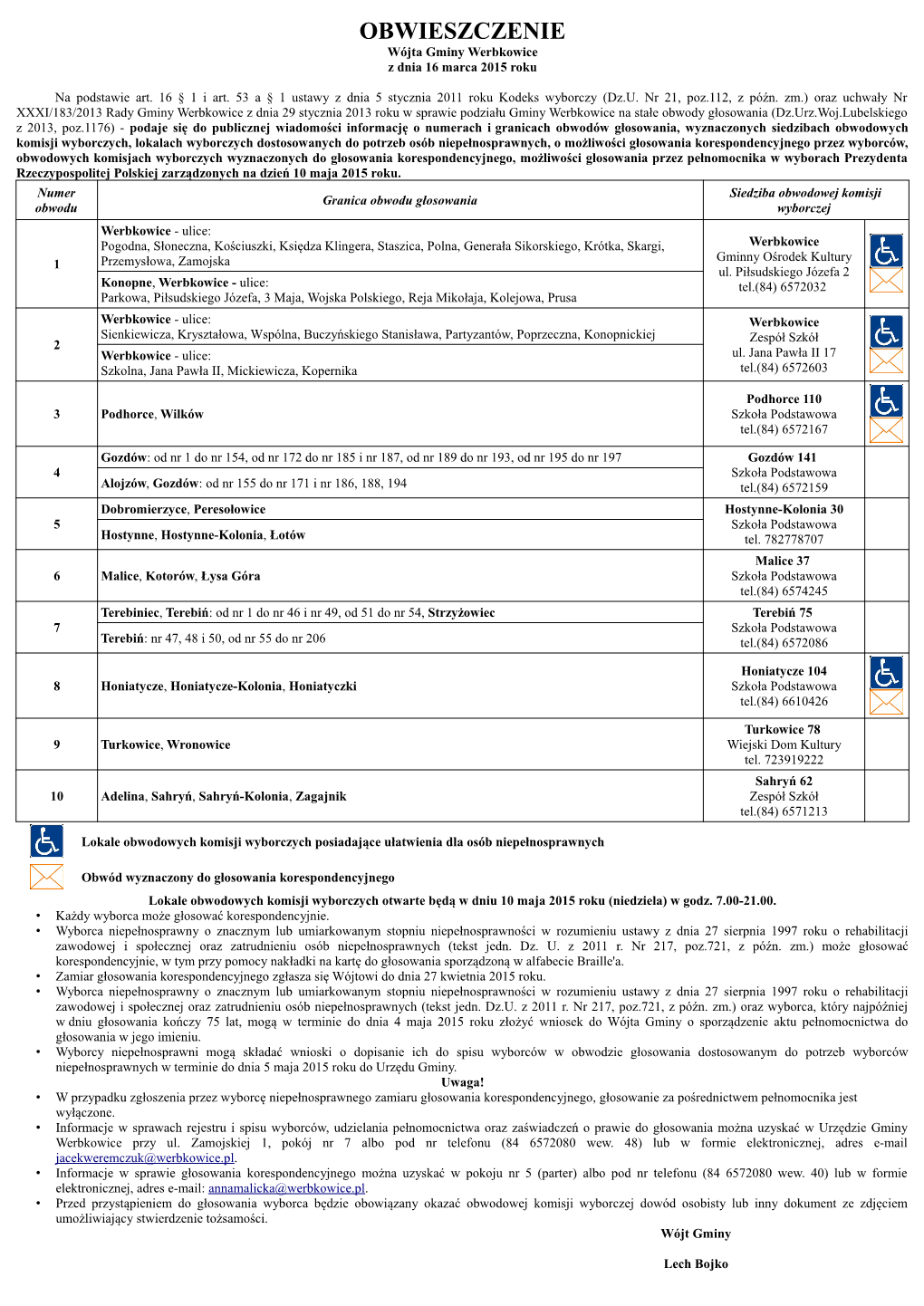 OBWIESZCZENIE Wójta Gminy Werbkowice Z Dnia 16 Marca 2015 Roku