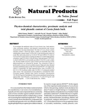 Physico-Chemical Characterstics, Proximate Analysis and Total Phenolic Content of Cassia Fistula Bark