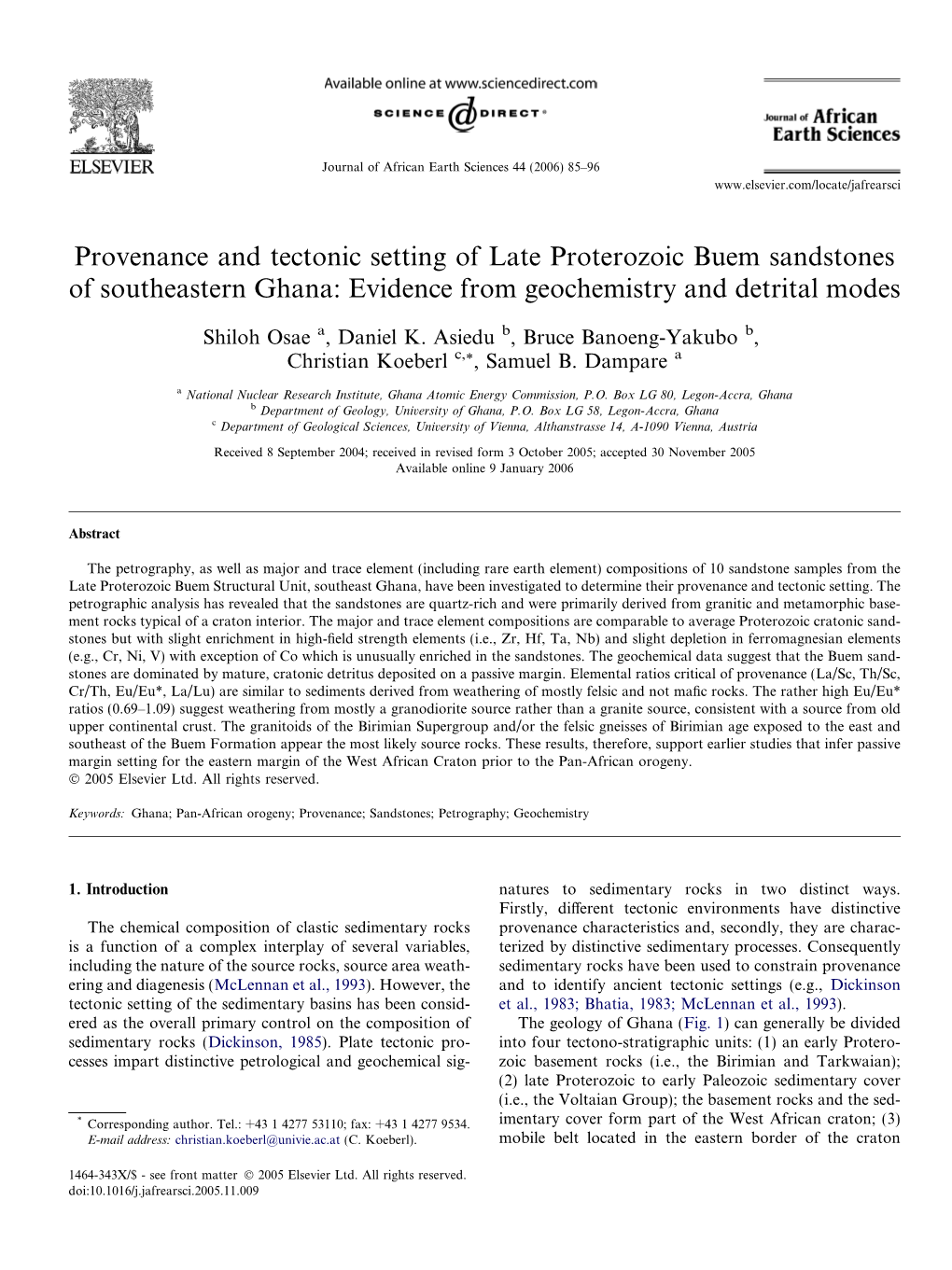 Provenance and Tectonic Setting of Late Proterozoic Buem Sandstones of Southeastern Ghana: Evidence from Geochemistry and Detrital Modes