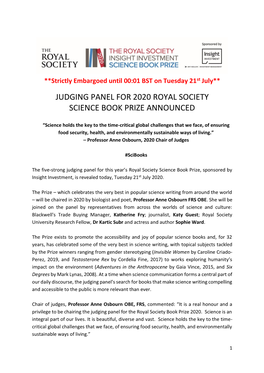 Judging Panel for 2020 Royal Society Science Book Prize Announced