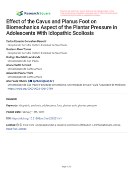 Effect of the Cavus and Planus Foot on Biomechanics Aspect of the Plantar Pressure in Adolescents with Idiopathic Scoliosis