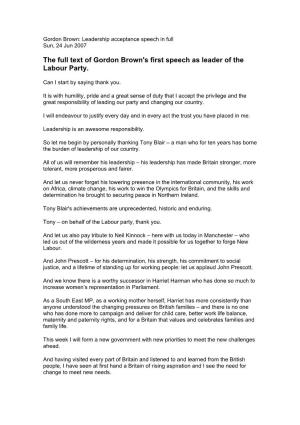 The Full Text of Gordon Brown's First Speech As Leader of the Labour Party