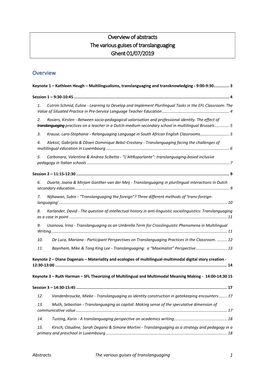 Overview of Abstracts the Various Guises of Translanguaging Ghent 01/07/2019