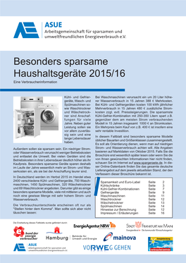 Besonders Sparsame Haushaltsgeräte 2015/16 Eine Verbraucherinformation