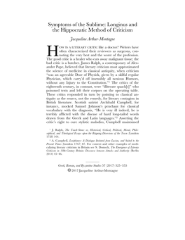 Symptoms of the Sublime: Longinus and the Hippocratic Method of Criticism Jacqueline Arthur-Montagne