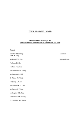 TOWN PLANNING BOARD Minutes of 540 Meeting of the Metro Planning Committee Held at 9:00 A.M. on 21.8.2015 Present Director Of