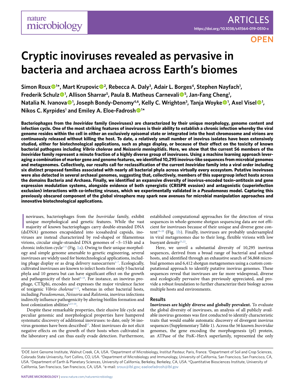 Cryptic Inoviruses Revealed As Pervasive in Bacteria and Archaea Across Earth’S Biomes