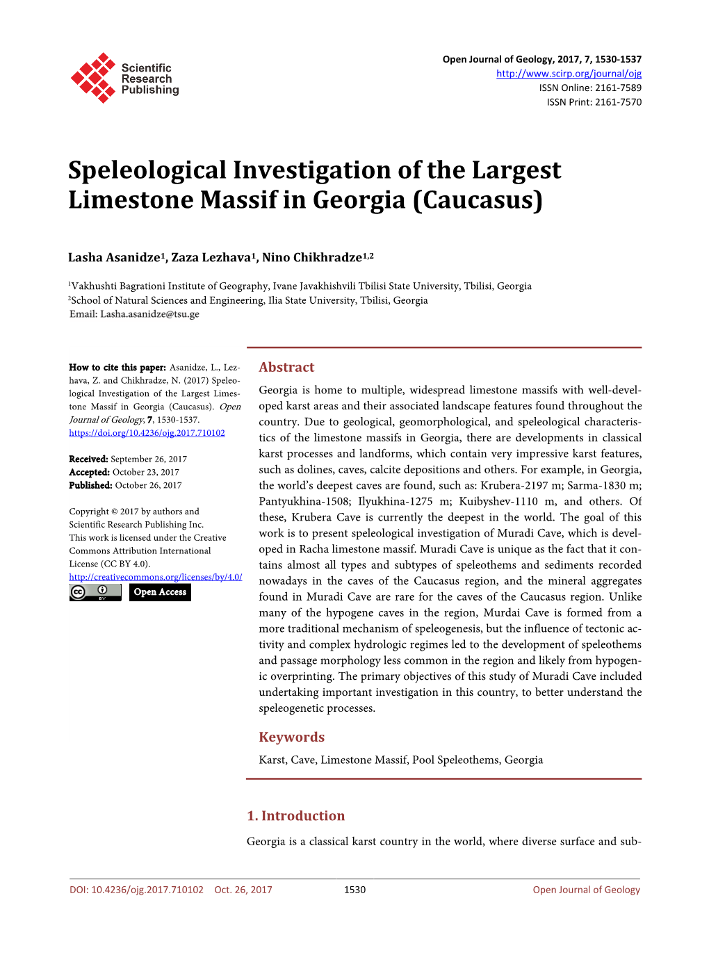 Speleological Investigation of the Largest Limestone Massif in Georgia (Caucasus)