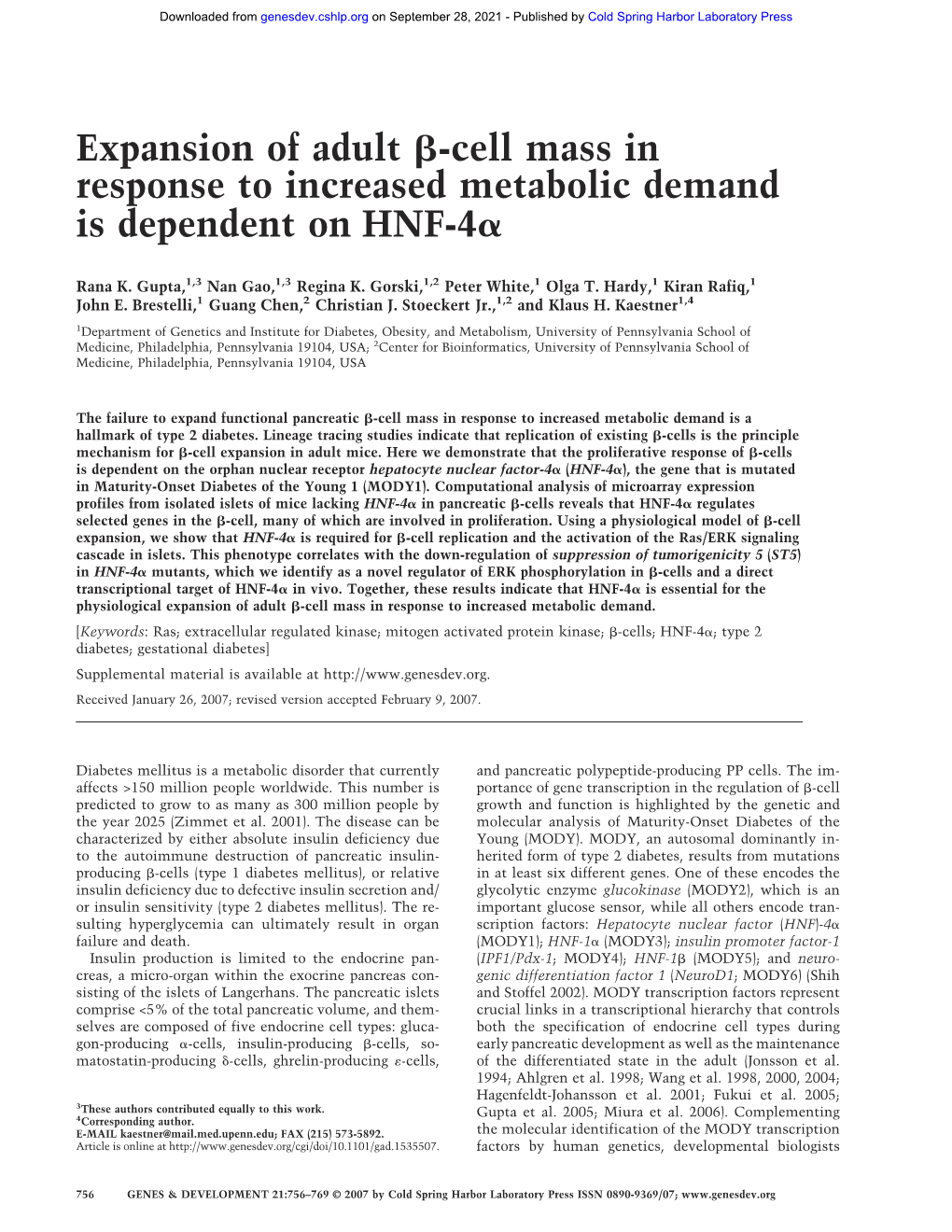 Cell Mass in Response to Increased Metabolic Demand Is Dependent on HNF-4␣