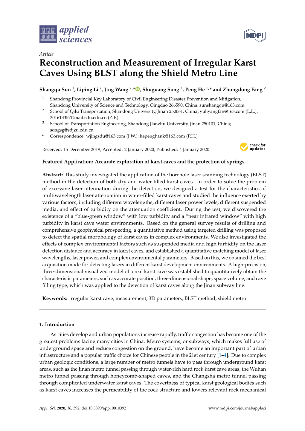 Reconstruction and Measurement of Irregular Karst Caves Using BLST Along the Shield Metro Line
