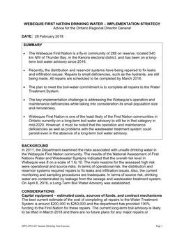 WEBEQUIE FIRST NATION DRINKING WATER – IMPLEMENTATION STRATEGY Advice for the Ontario Regional Director General