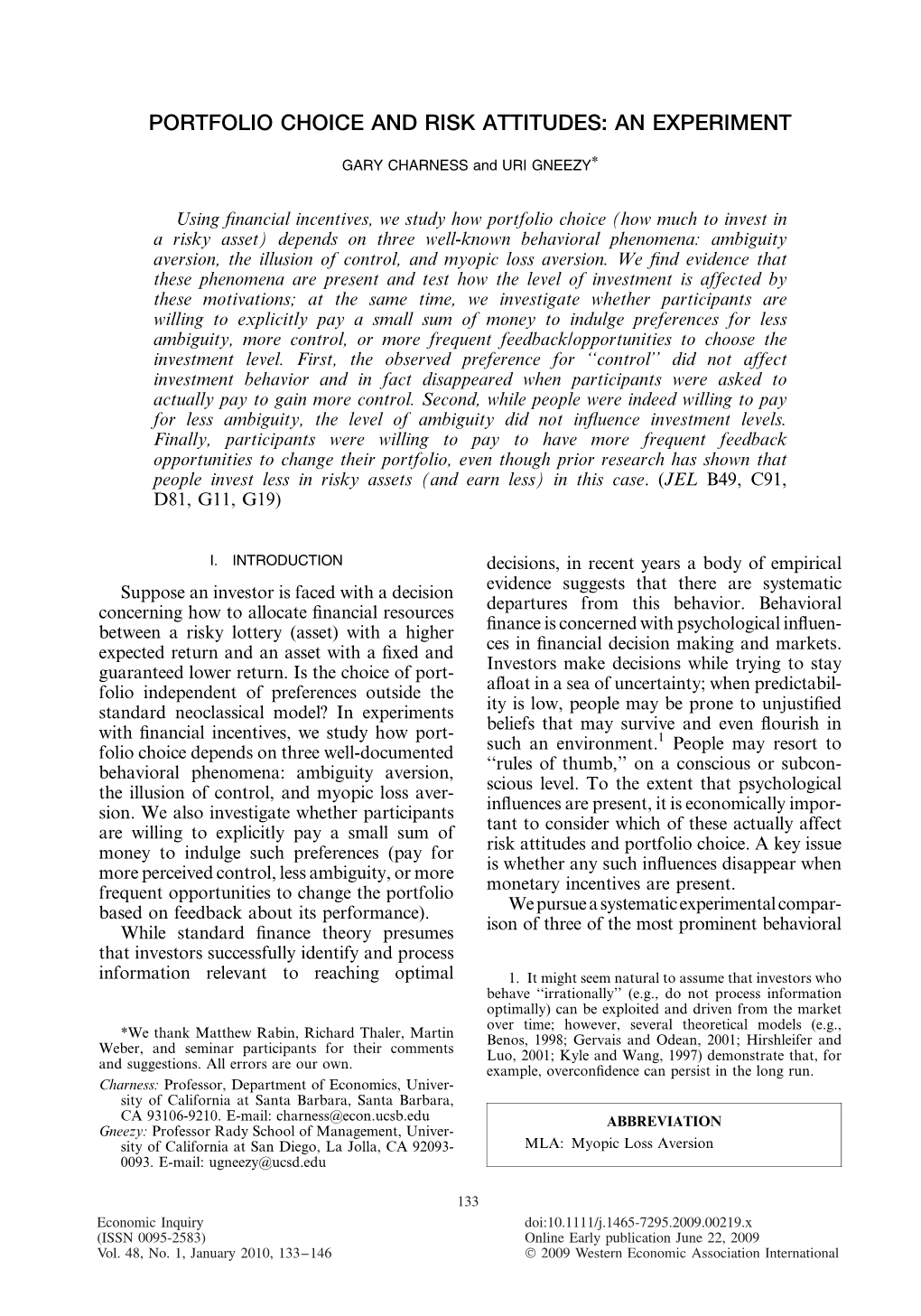 Portfolio Choice and Risk Attitudes: an Experiment